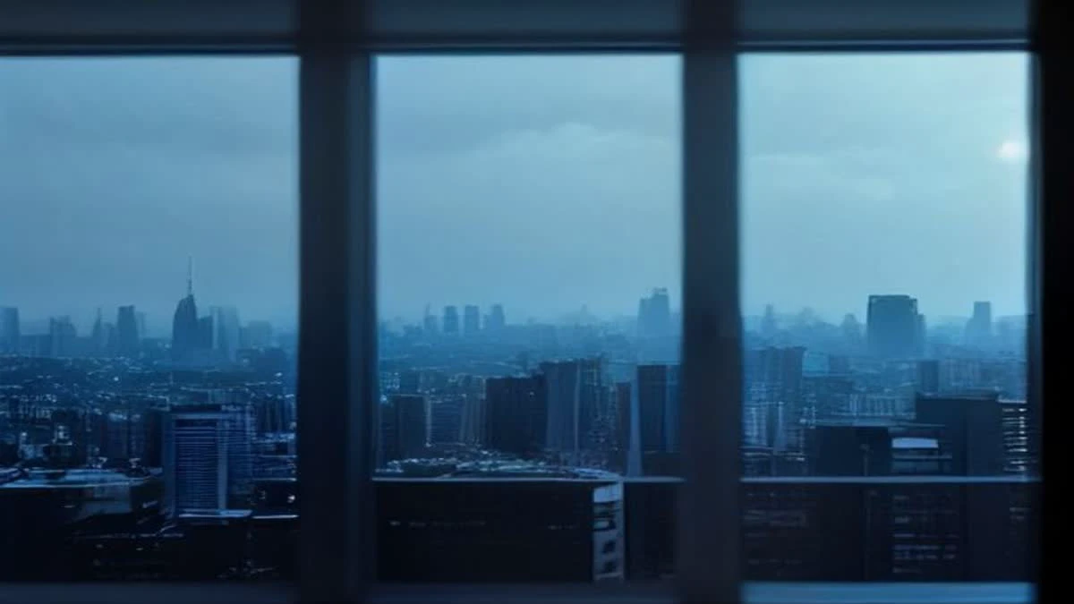 Illustration: medium shot of a panoramic city skyline seen through an office window, subtle blue tones, overcast diffused light